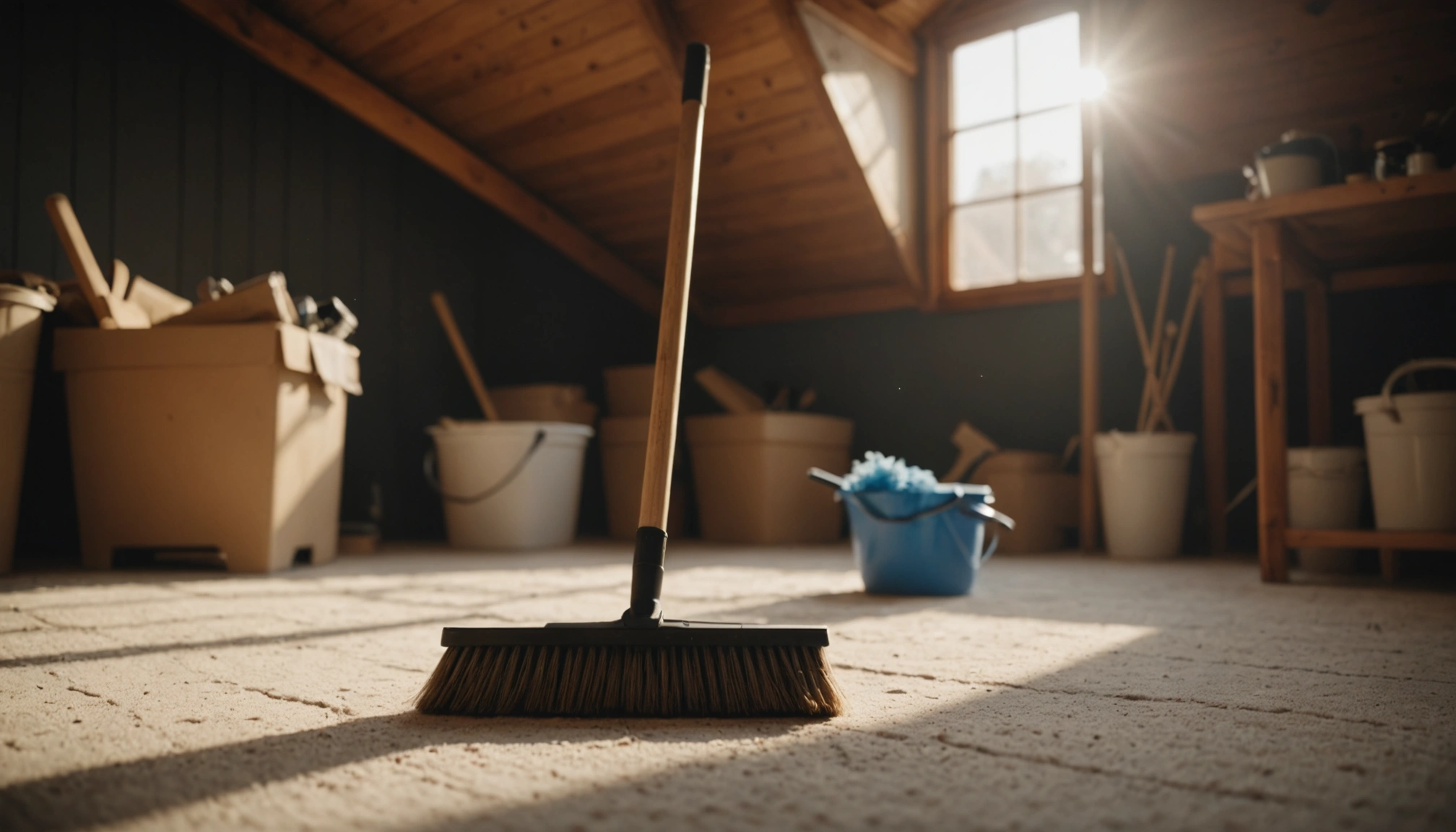 A clean, dust-free attic with sunlight streaming in. Minimalist setup with a broom and dustpan