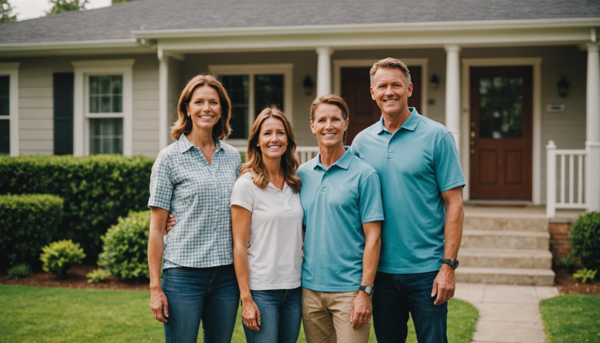 A clean, well-maintained home exterior with a happy family standing in front, showcasing the comprehensive
