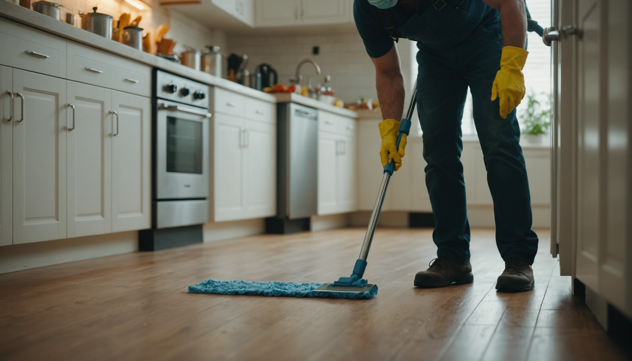 A detailed shot of a professional cleaner deep cleaning a kitchen, focusing on baseboards and