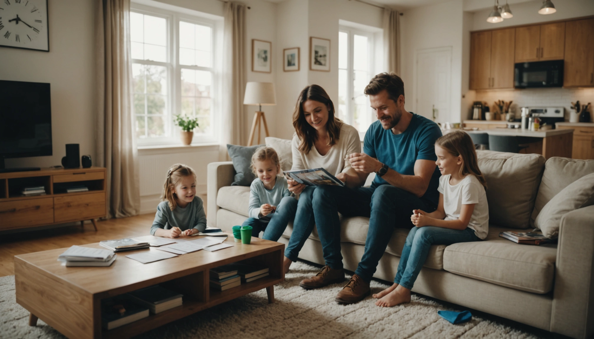 A family enjoying leisure time in a clean, organized living room, with a calendar showing