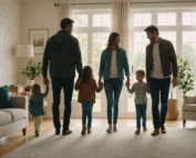 Family entering a spotless, sunlit living room, symbolizing a fresh start in Waterloo home.