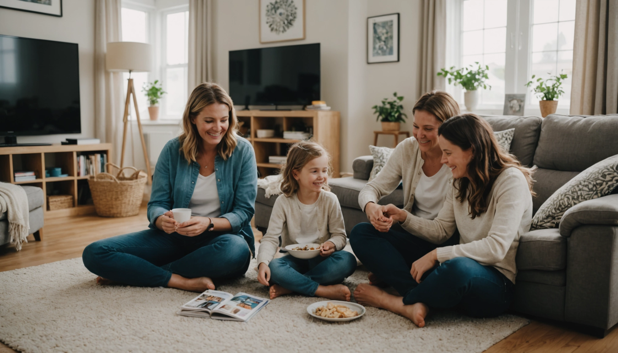A family happily settling into a clean and organized living room in Waterloo. Bright, welcoming