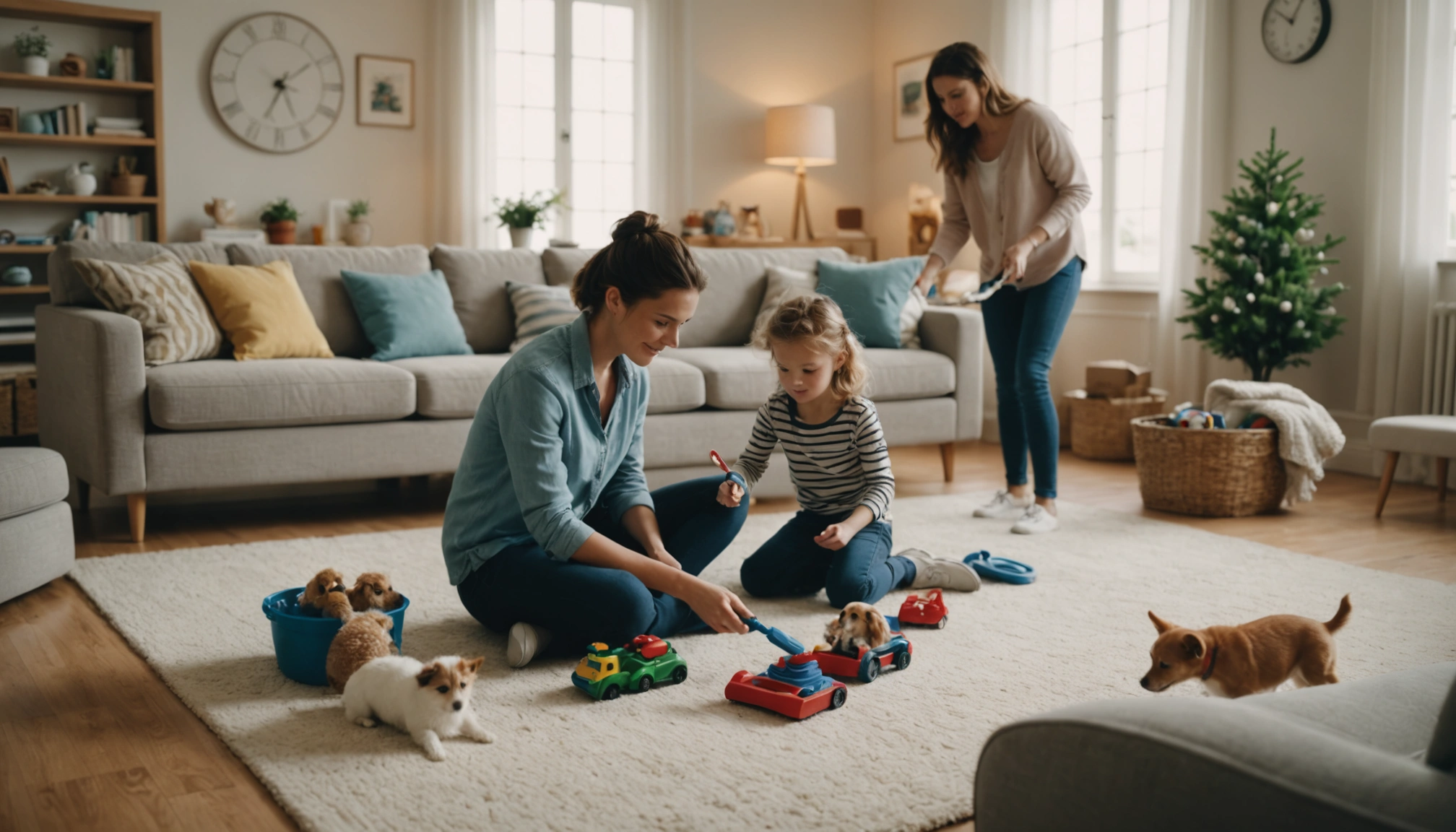 A family with young children and pets in a clean living room, toys neatly arranged,