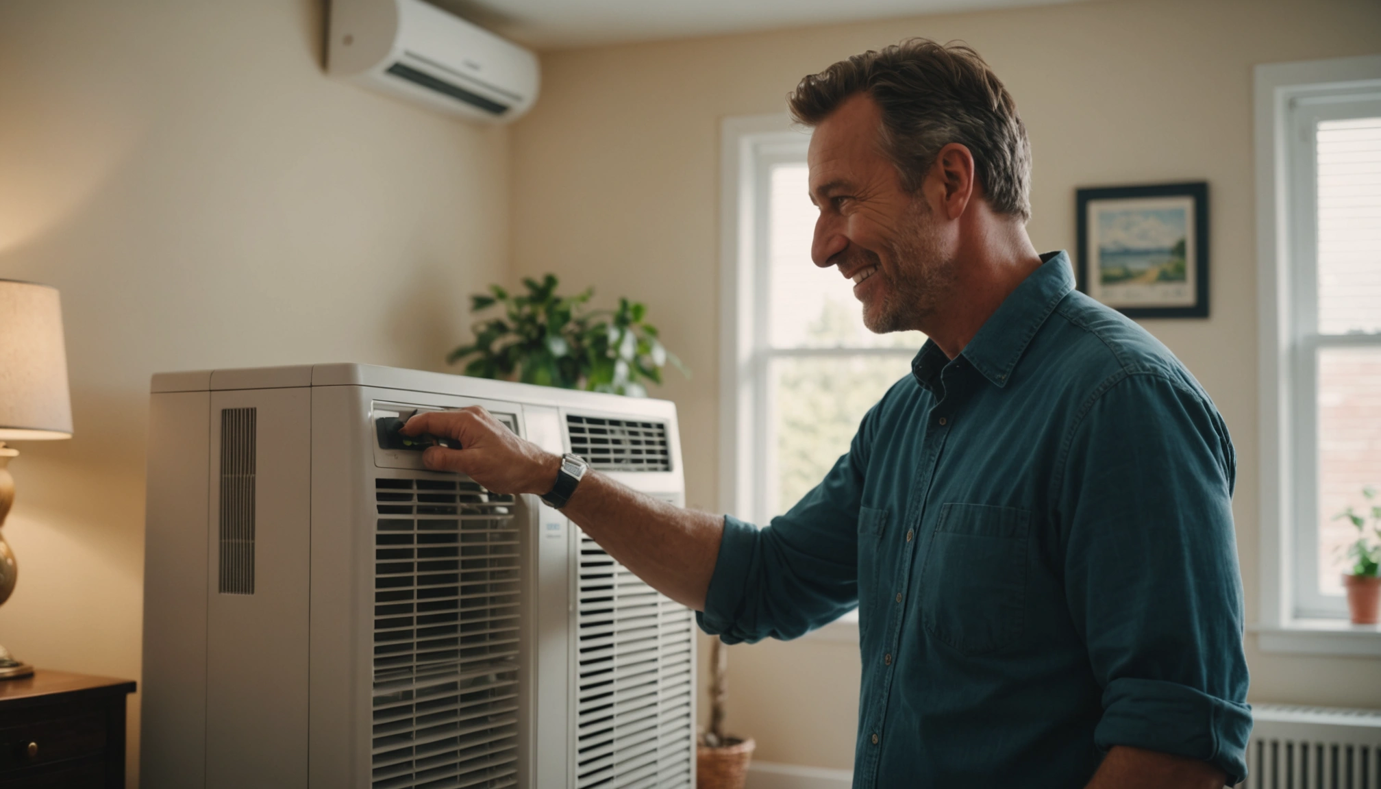 A homeowner inspecting a clean air conditioning unit, smiling, showing satisfaction. Indoor setting, natural light,