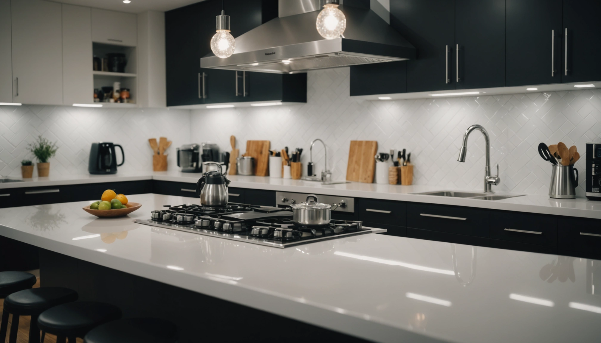 A kitchen with sparkling clean appliances, a professional cleaner polishing surfaces, highlighting cost-effectiveness and maintenance