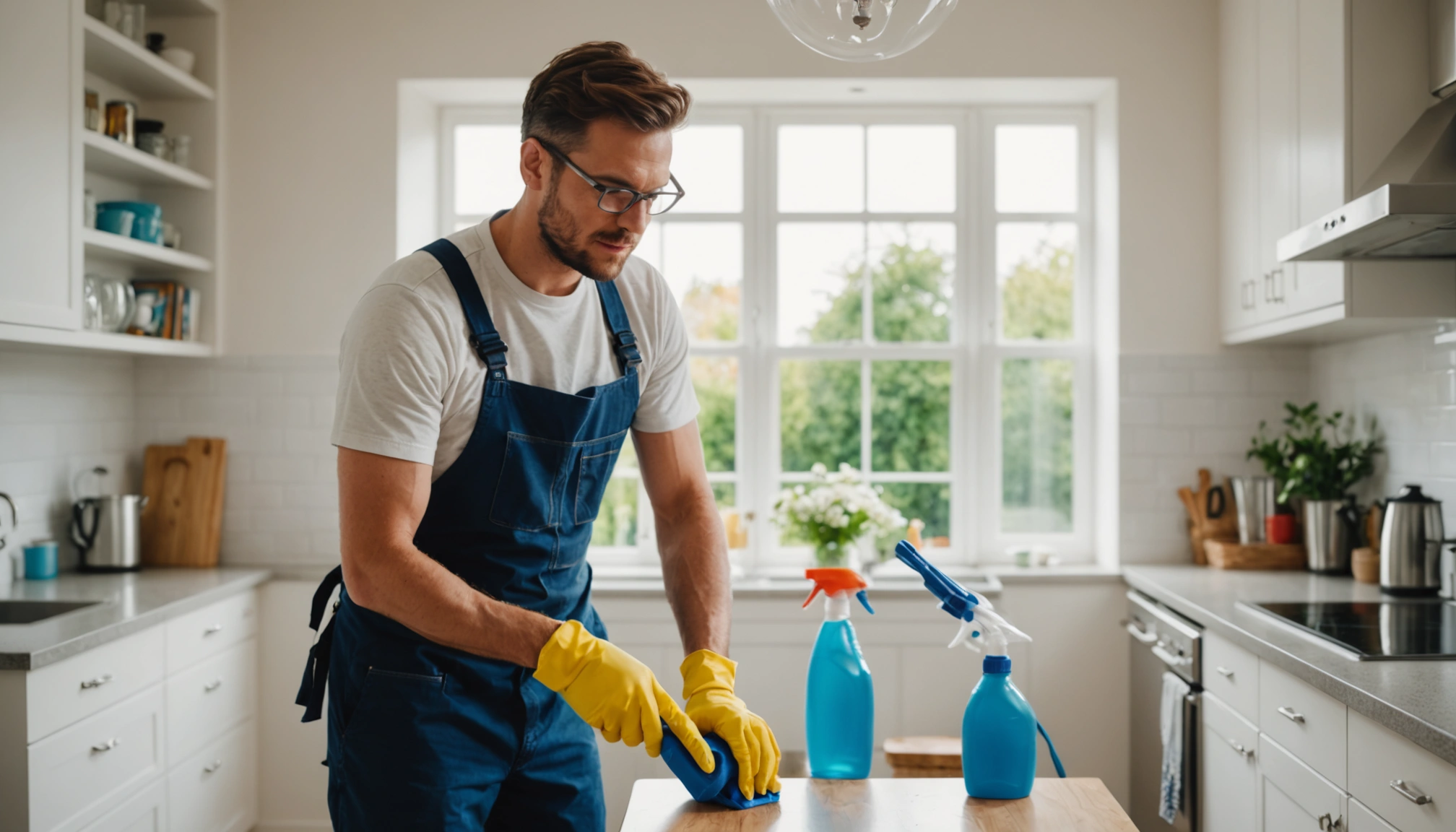 A professional cleaner efficiently working in a bright, clean home. Emphasize professionalism, efficiency, and stress-free