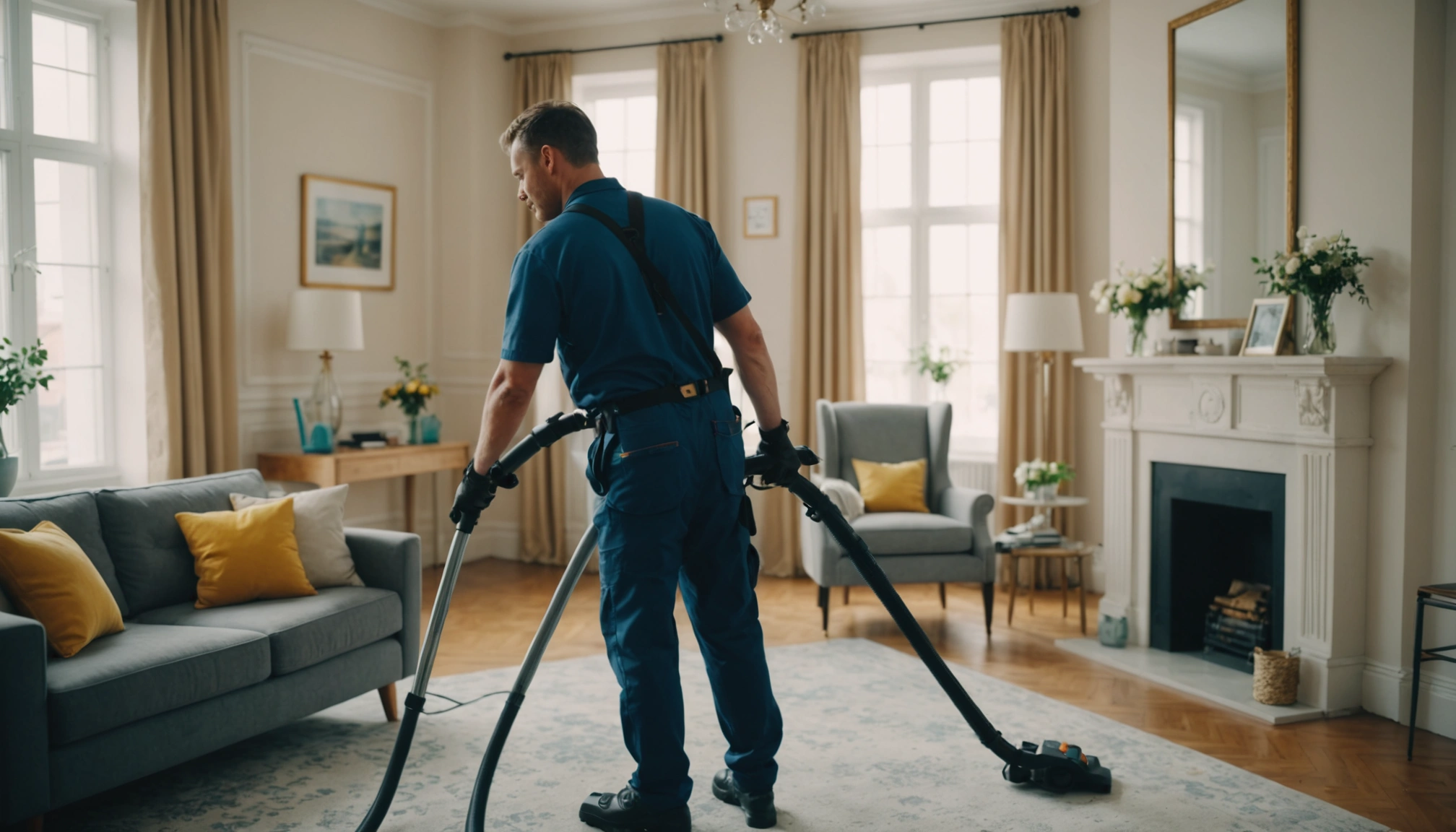 A professional cleaner in uniform, cleaning a living room, using a vacuum. Bright, organized space,