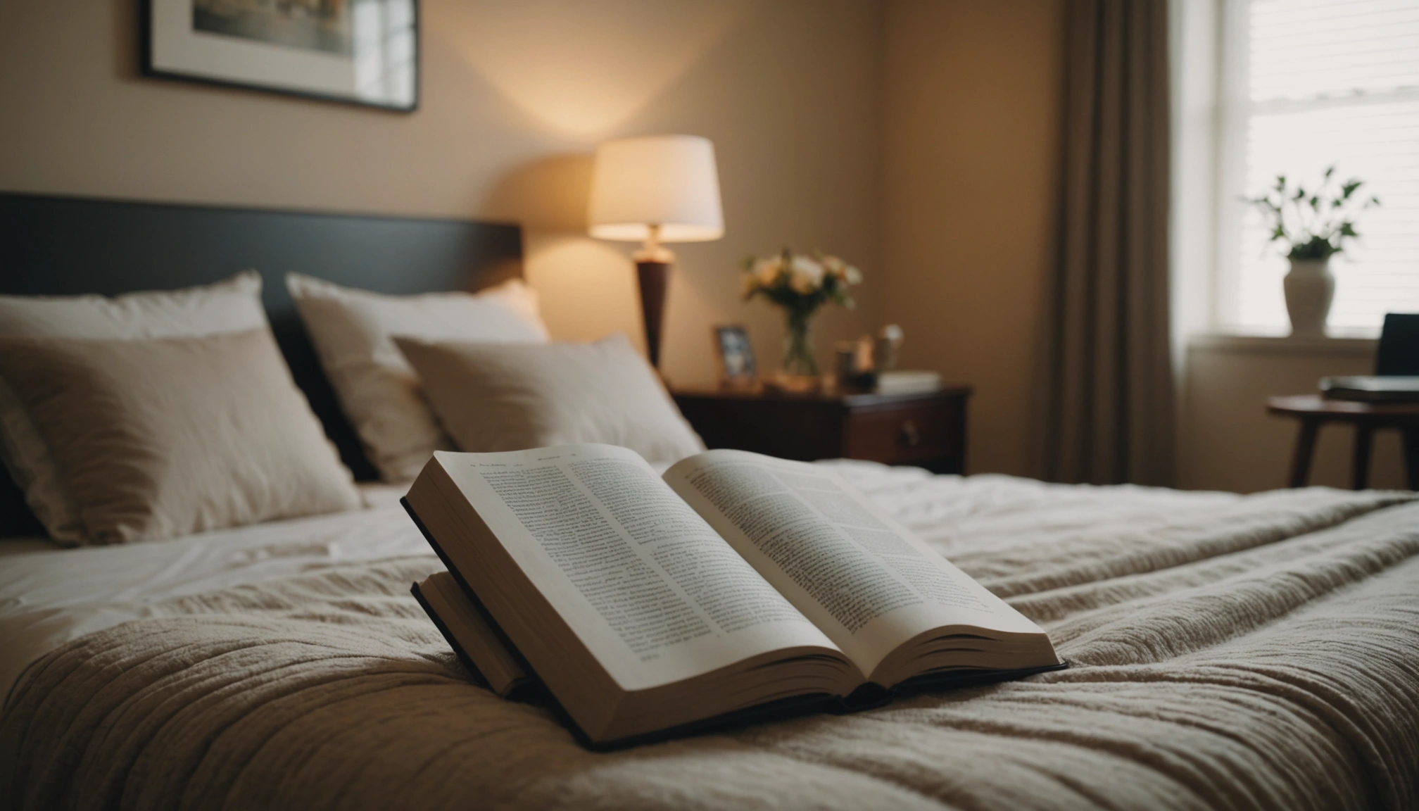 A serene bedroom with neatly arranged furniture, soft lighting, and a person relaxing with a