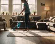 Sunlit living room with cleaner wiping surfaces, showcasing cleanliness and health benefits.