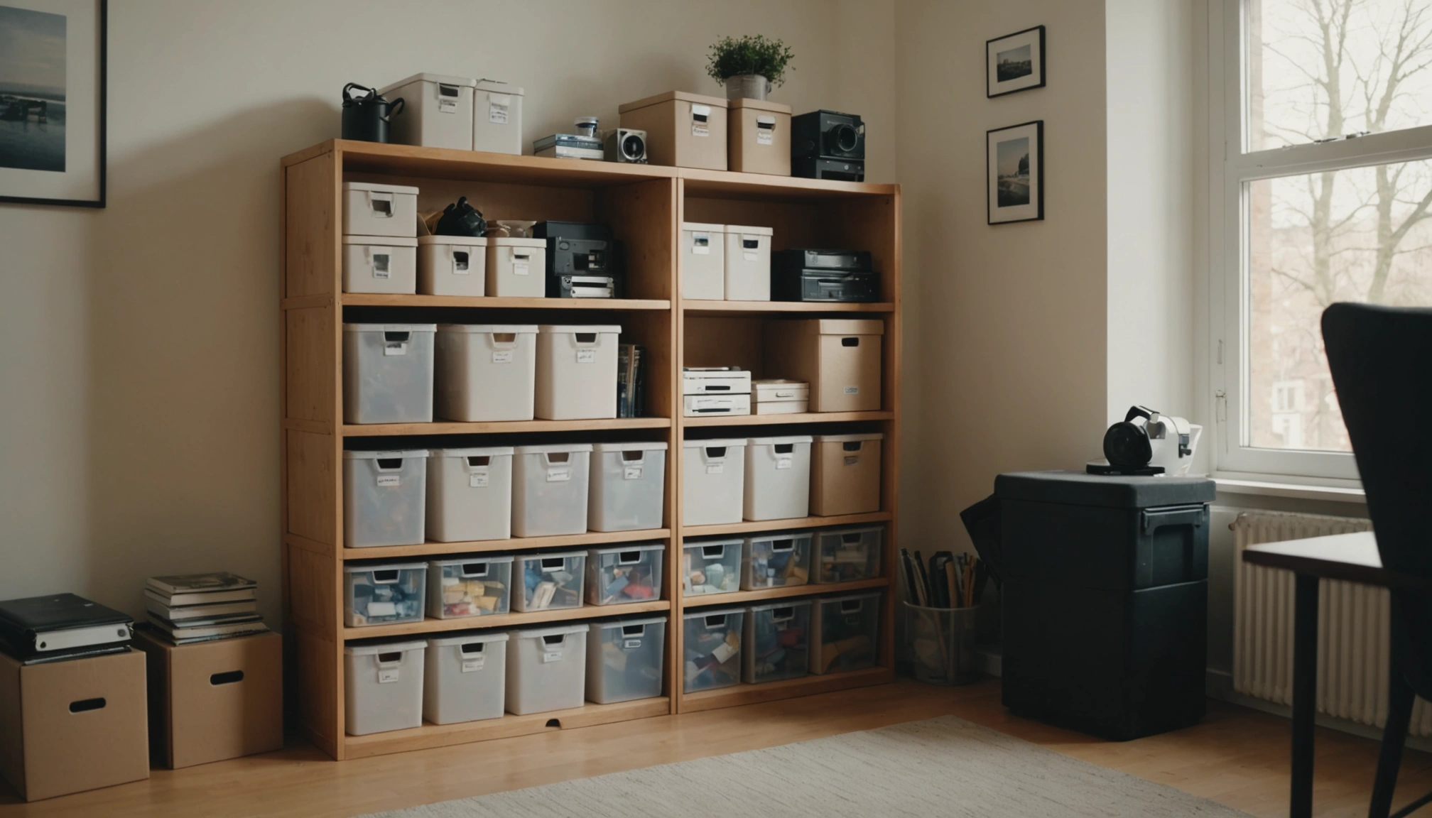 A tidy, organized room with labeled storage boxes and neatly arranged furniture. Natural light, clean