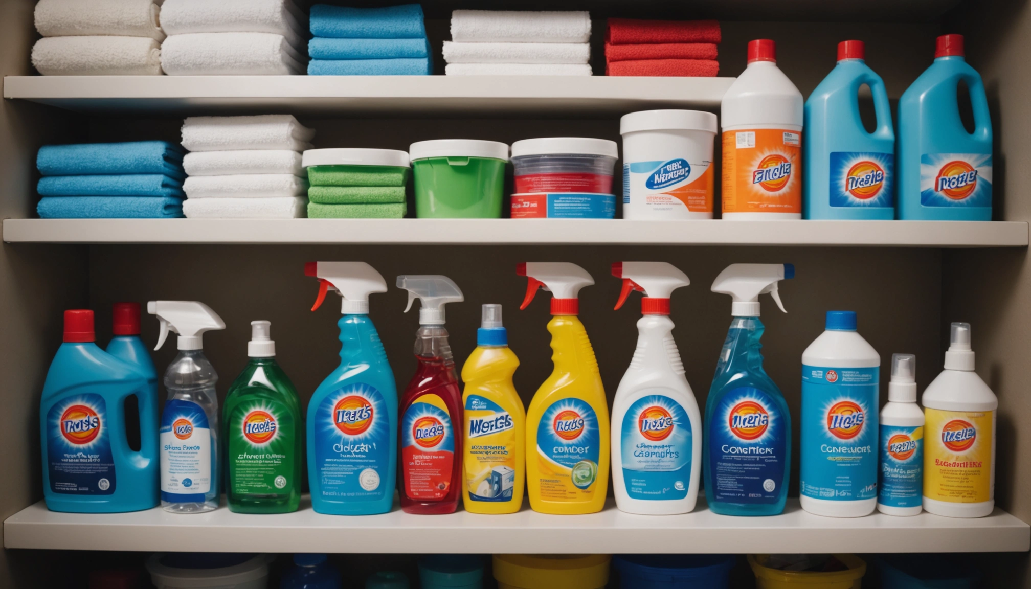 A well-organized cleaning supply closet. Neatly arranged all-purpose cleaners, disinfectant wipes, microfiber cloths, and vacuum.