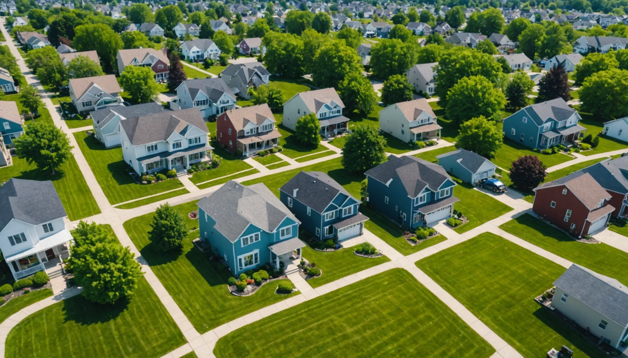 Aerial view of a clean, well-maintained neighborhood in Belleville, showcasing multiple homes with pristine lawns