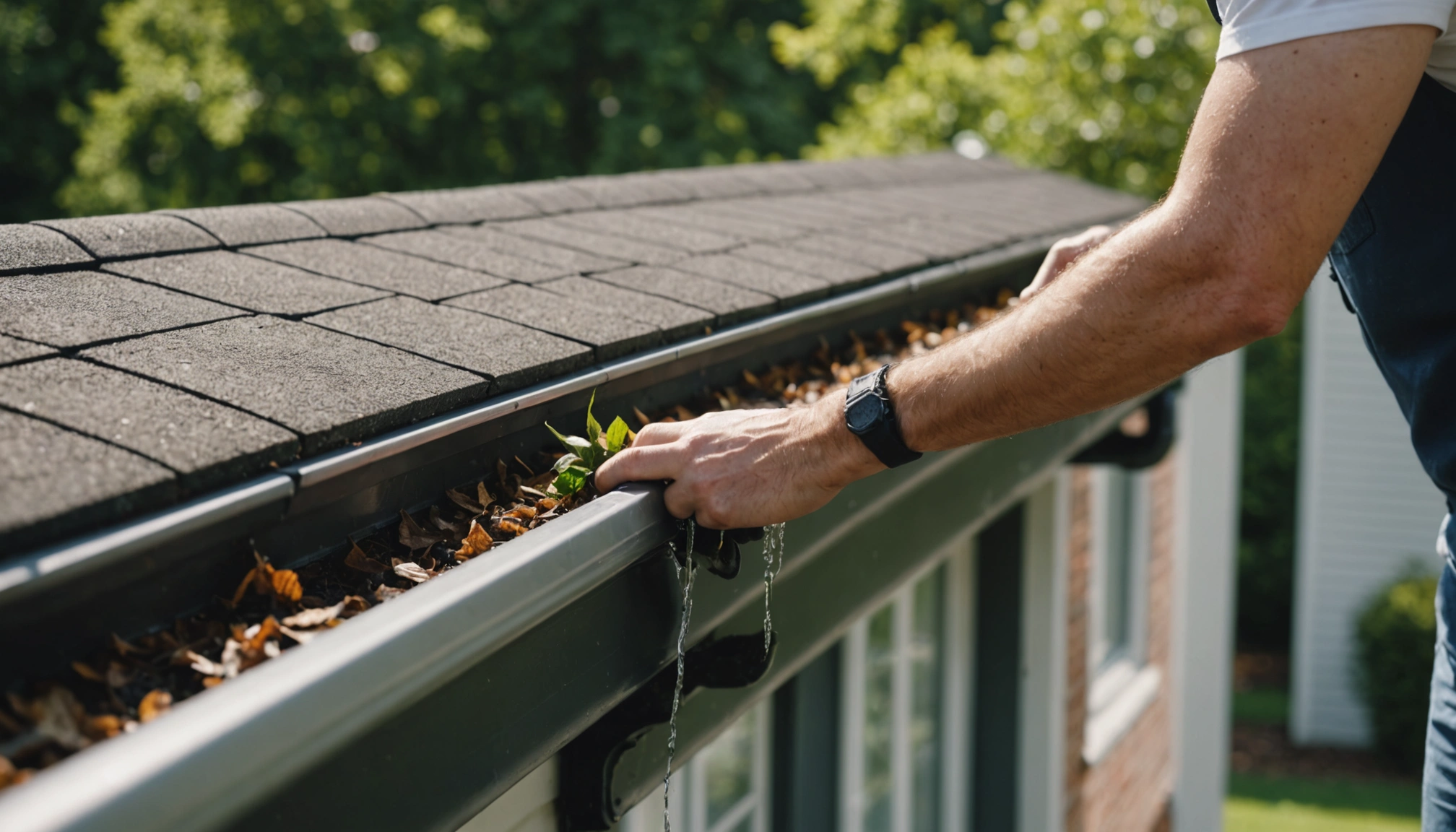 Close-up of a homeowner cleaning gutters on a sunny day, preventing water damage. Focus on