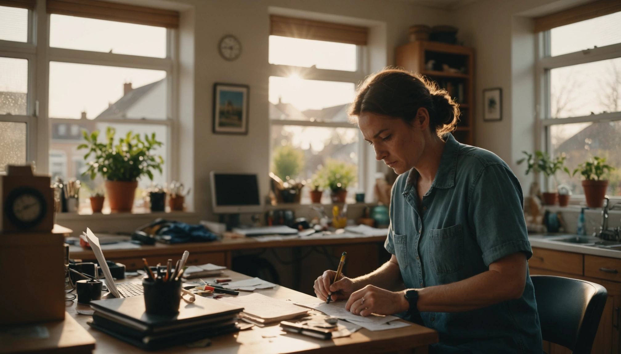 A busy professional looking stressed with a cluttered home in the background. Soft evening light
