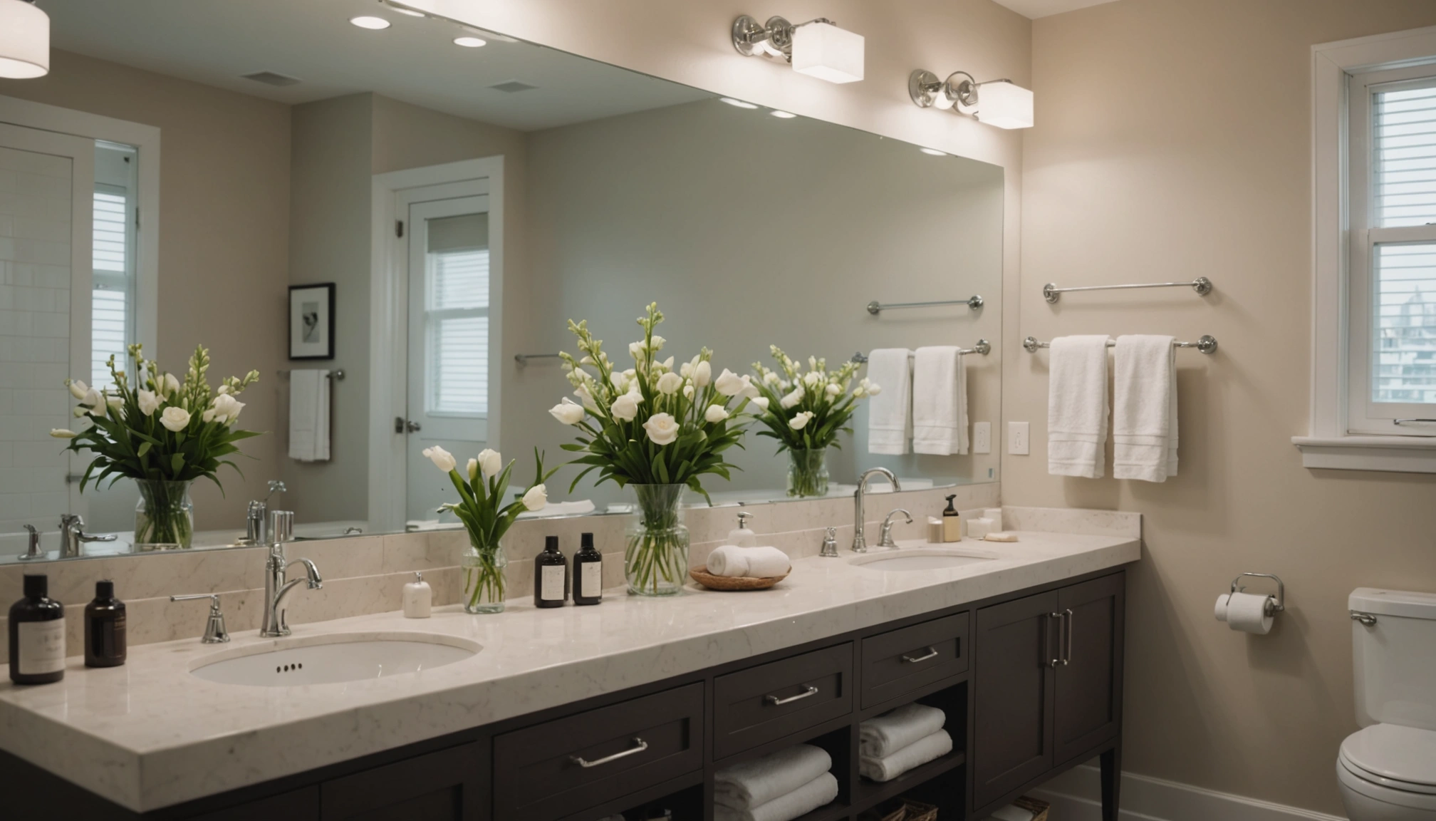 A clean bathroom with polished fixtures, streak-free mirrors, and spotless tiles. The focus is on