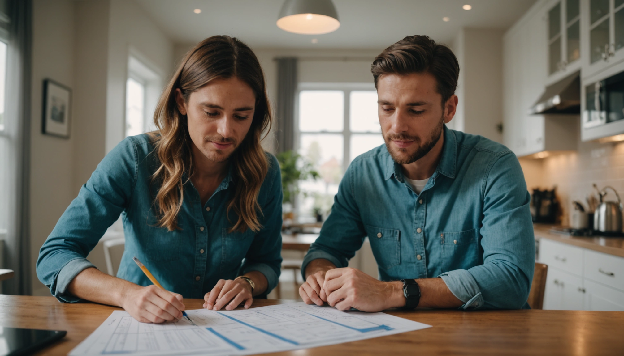 A couple discussing cleaning service costs with a professional, detailed pricing sheet on the table,