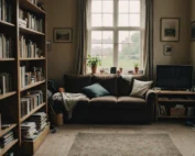 Swansea living room with dust on shelves and grimy window, needing deep cleaning.