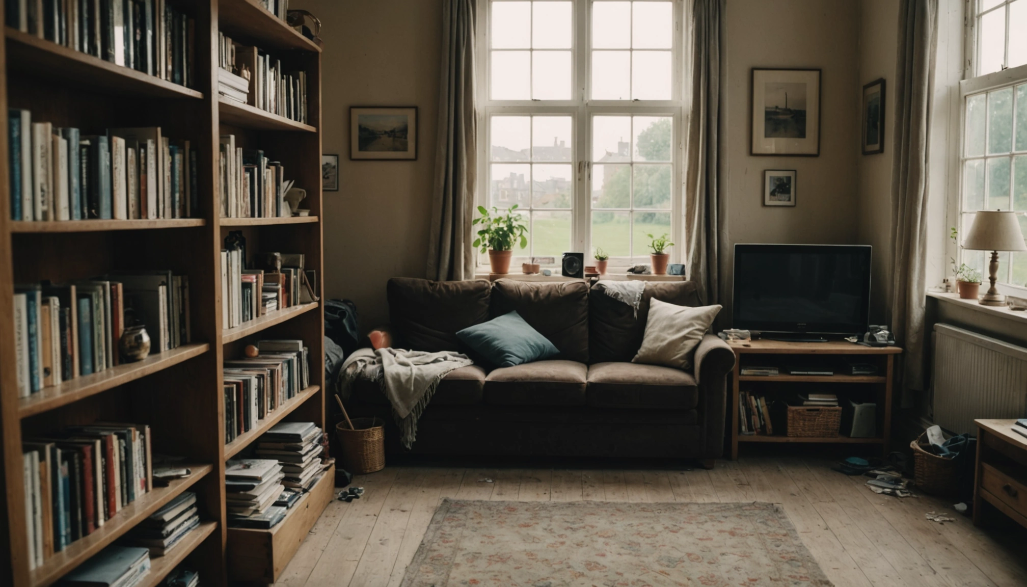 Swansea living room with dust on shelves and grimy window, needing deep cleaning.