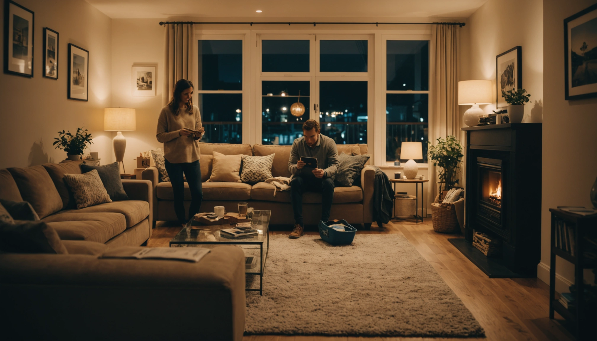A family enjoying quality time in a clutter-free living space, professional cleaner discreetly working in