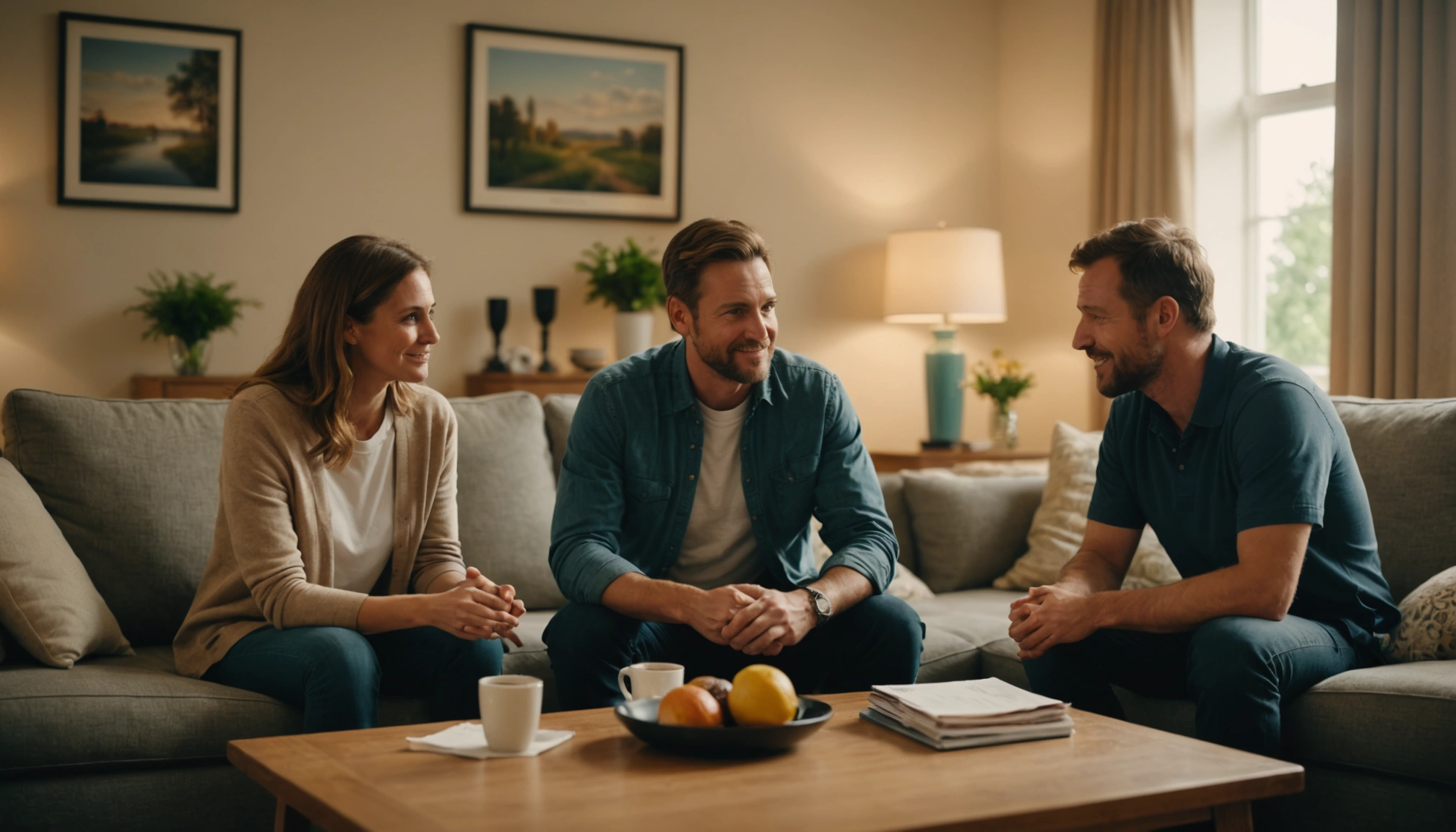 A family meeting with a professional cleaner, discussing privacy concerns, friendly interaction, clean and welcoming