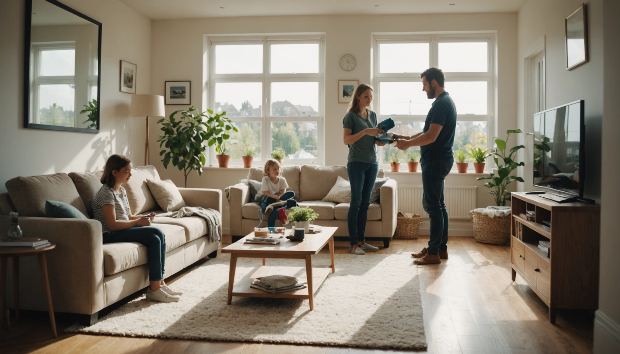 A family relaxing in a spotless living room, while a professional cleaner efficiently tidies up,