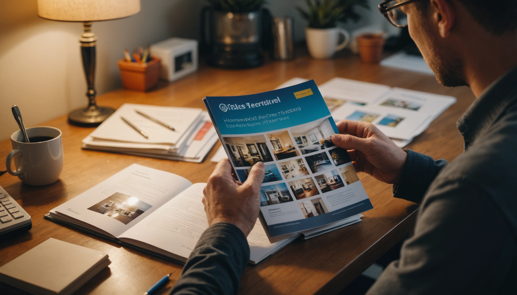 A homeowner reviewing a cleaning service brochure at a tidy desk. Soft focus on the