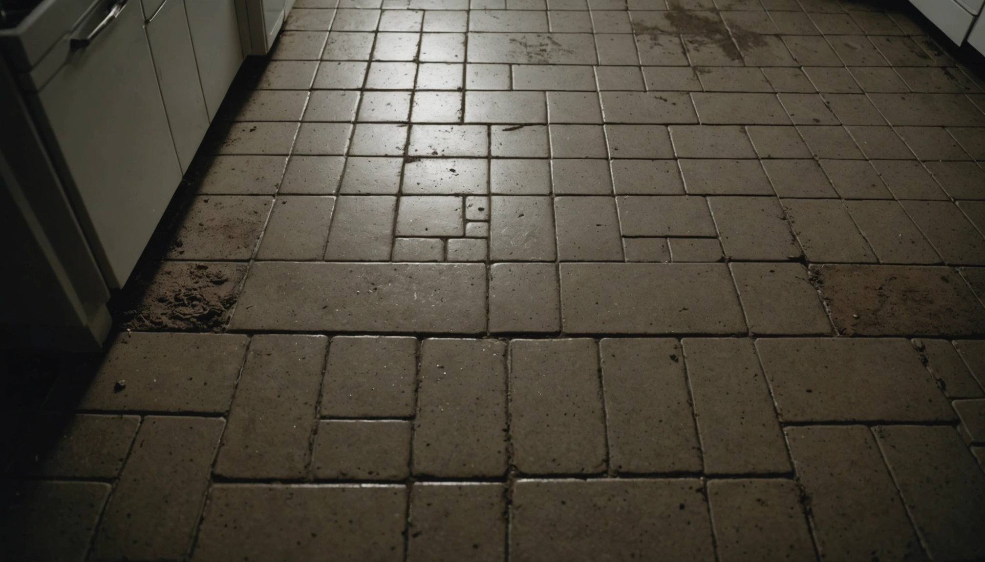 A kitchen floor with accumulated dirt and grime in grout lines. Overhead lighting shows the