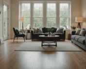 Spotless, well-lit living room with polished floors, showcasing deep cleaning benefits before selling.