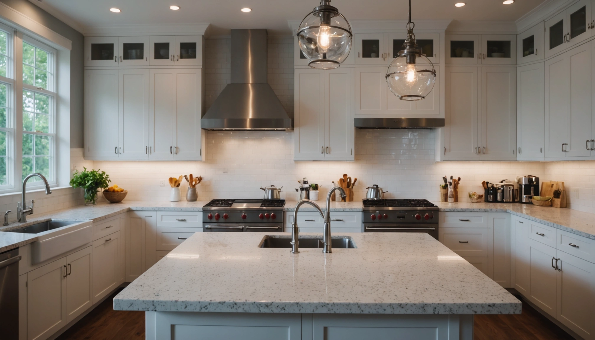 A pristine kitchen with gleaming countertops, clean grout lines, and polished light fixtures. The focus