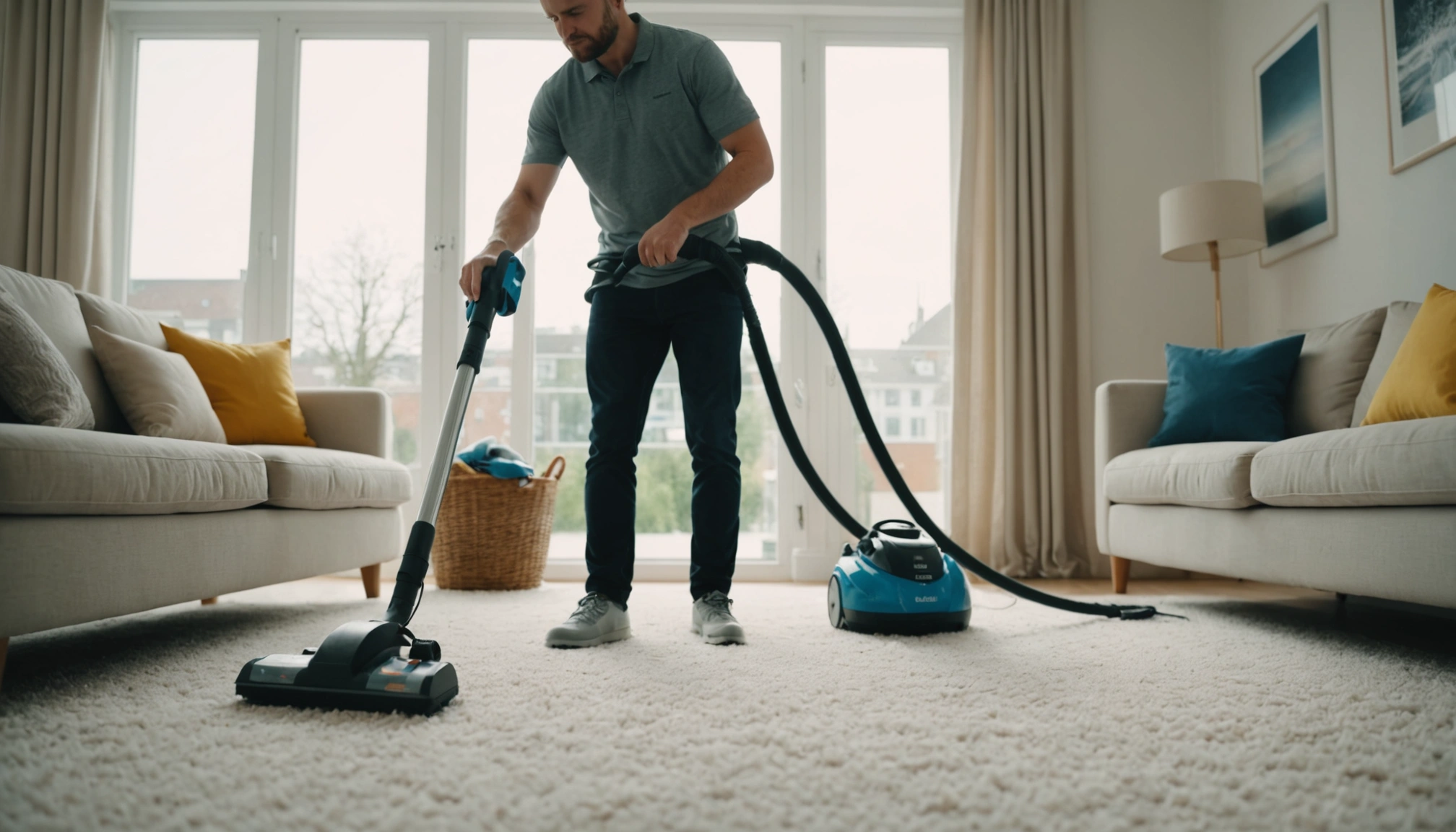 A professional cleaner using a steam cleaner on a carpet in a bright living room.