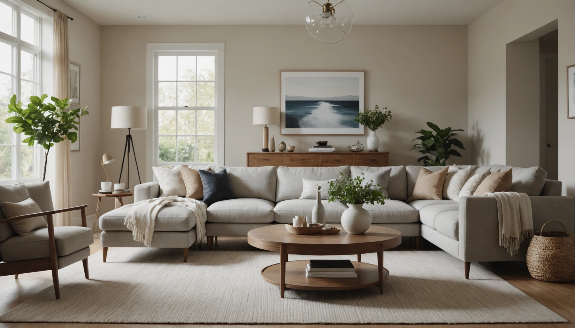 A staged living room with neutral decor and minimal furnishings, highlighting natural light and spaciousness.