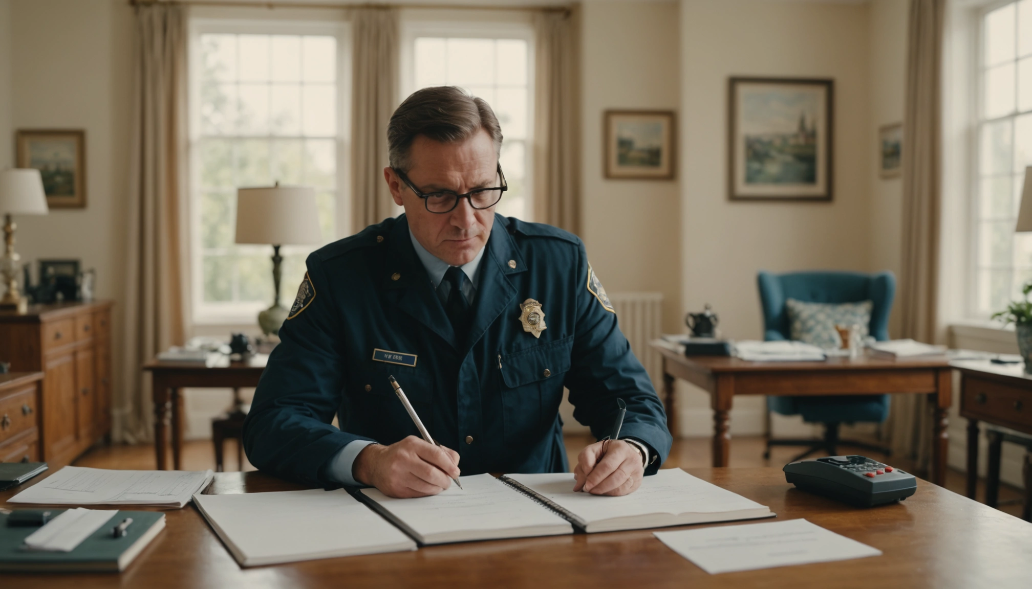 An inspector evaluating a spotless home, taking notes in a bright, organized room. The scene