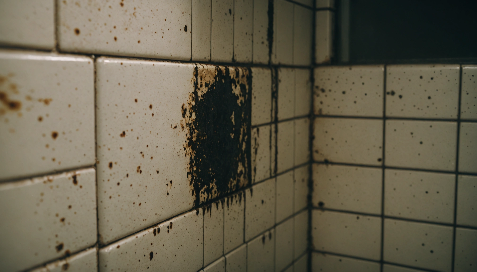Close-up of a bathroom corner with visible mold and mildew on tiles. Bright lighting emphasizes