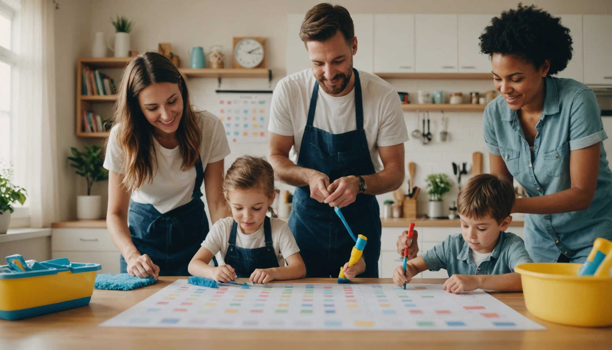 Parents and children organizing cleaning schedules on a calendar, professional cleaner preparing equipment, bright and