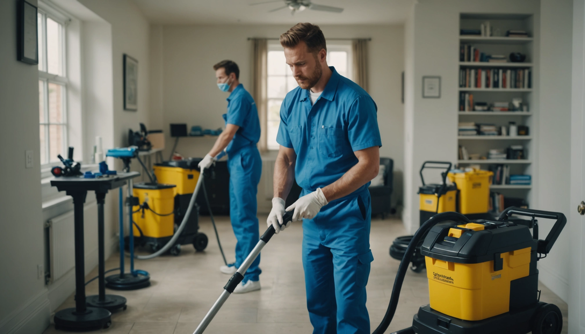 Professional cleaners in uniform using industrial-grade equipment in a home setting, ensuring a thorough clean.